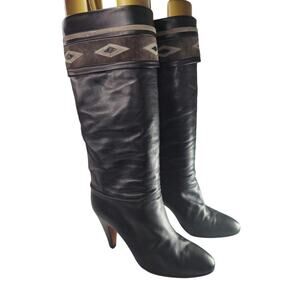 Vintage black leather Pollini Knee high heeled Boots sz 38.5 /7.5